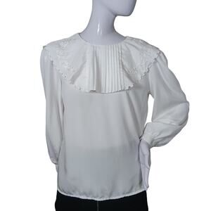 David Matthew Blouse Size 10 White Pleated Bib Long Sleeve Sheer Material